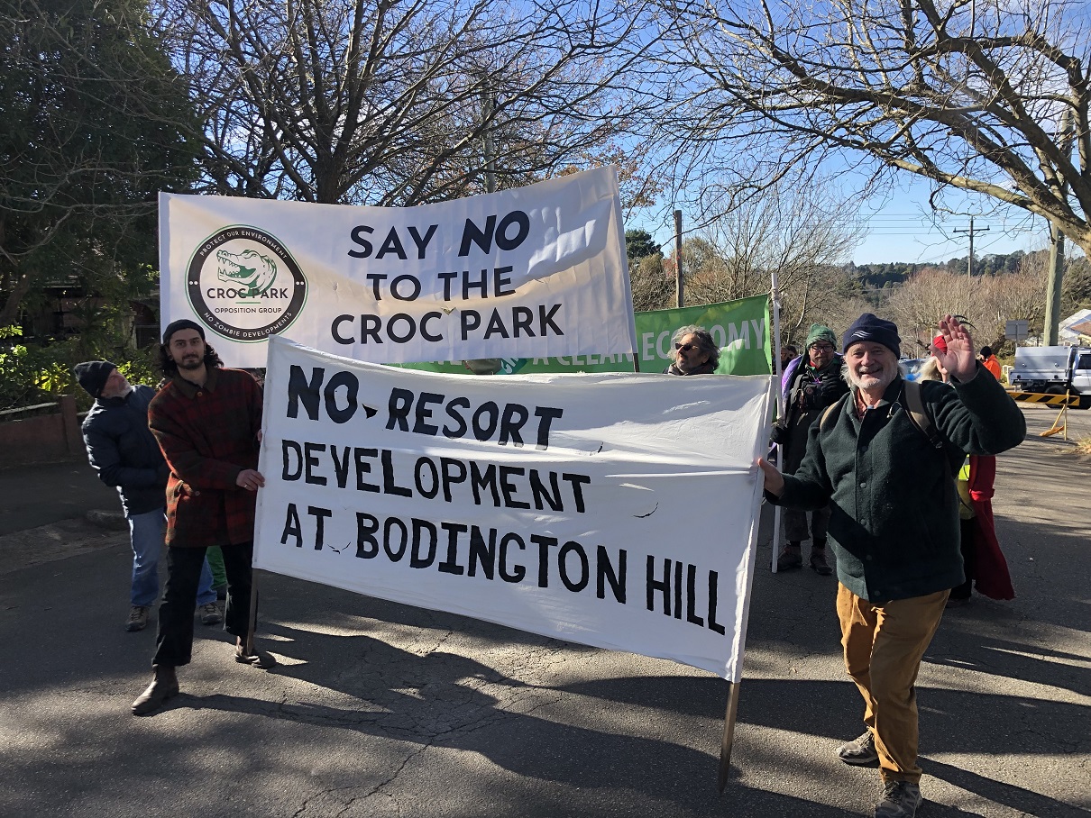 Bodington Hill Wildlife Resort Action Group Inc with banner No Croc Park.